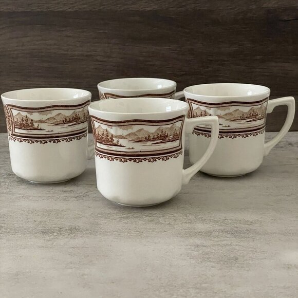 Meakin Vintage Americana Brown 4 Four 8oz Coffee Cups 4.25" Ironstone England - Picture 1 of 7